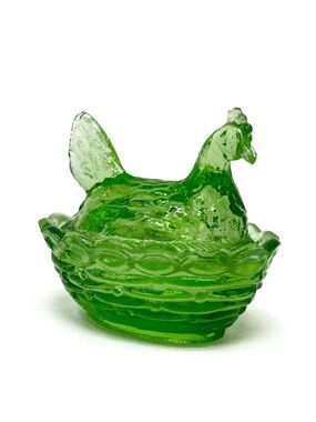 Antique Mini Hen on Nest Dish Green Uranium Glass Vallerysthal Salt Cellar EUC
